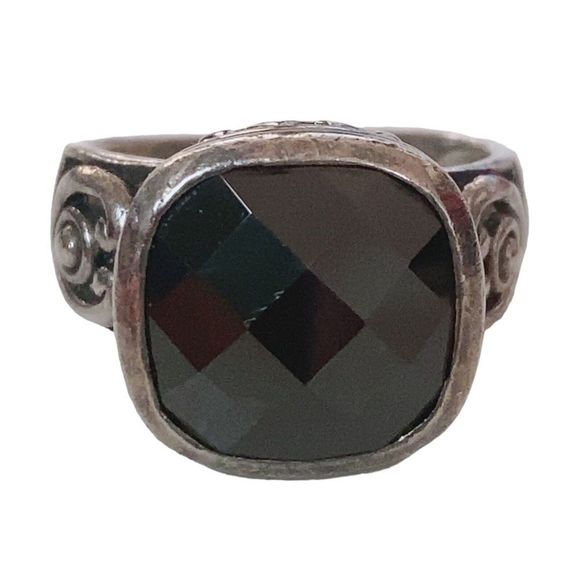 VTG 925 Sterling Silver Faceted Onyx Scroll Filigree Ring Size 6.75 Wide Band - Picture 1 of 11